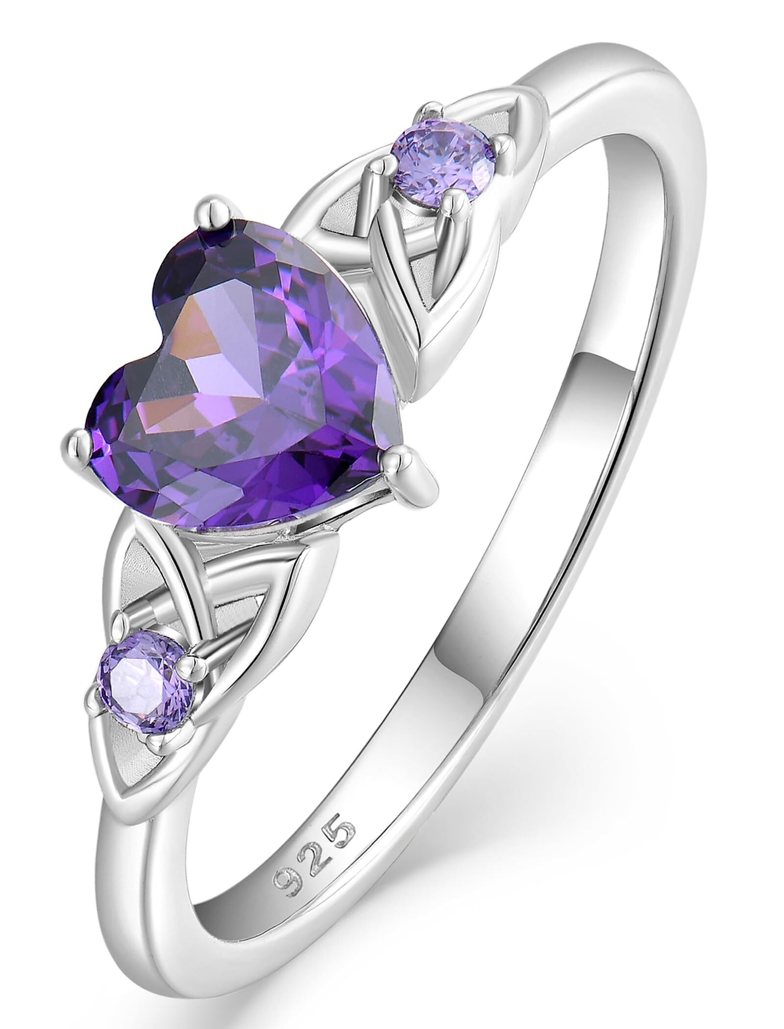 VESITIM Celtic Knot Rings for Women 925 Sterling Silver Promise Ring for Her Wedding Engagement Band Heart Birthstone Created Amethyst Jewelry Gift Size 8